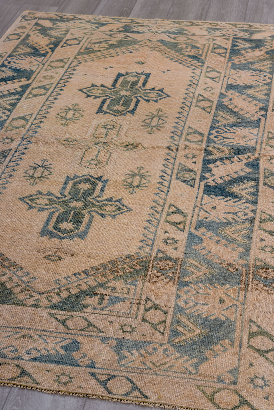 4' x 7' one-of-a-kind handmade vintage Oushak rug. Color palette: black, blue, charcoal, dim gray, gray, light gray