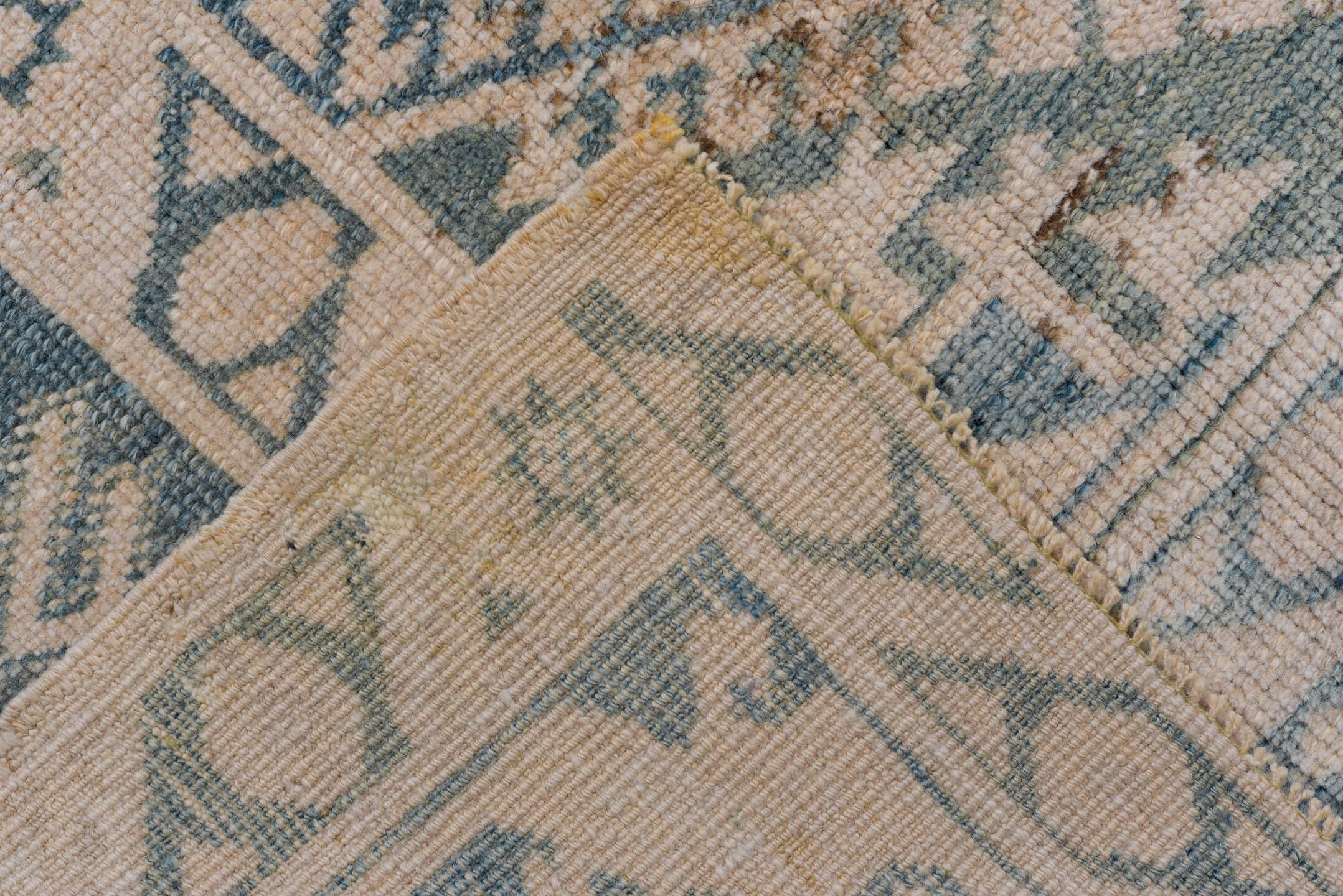 4' x 7' one-of-a-kind handmade antique Oushak rug. Color palette: beige, slate, taupe, ivory, gray