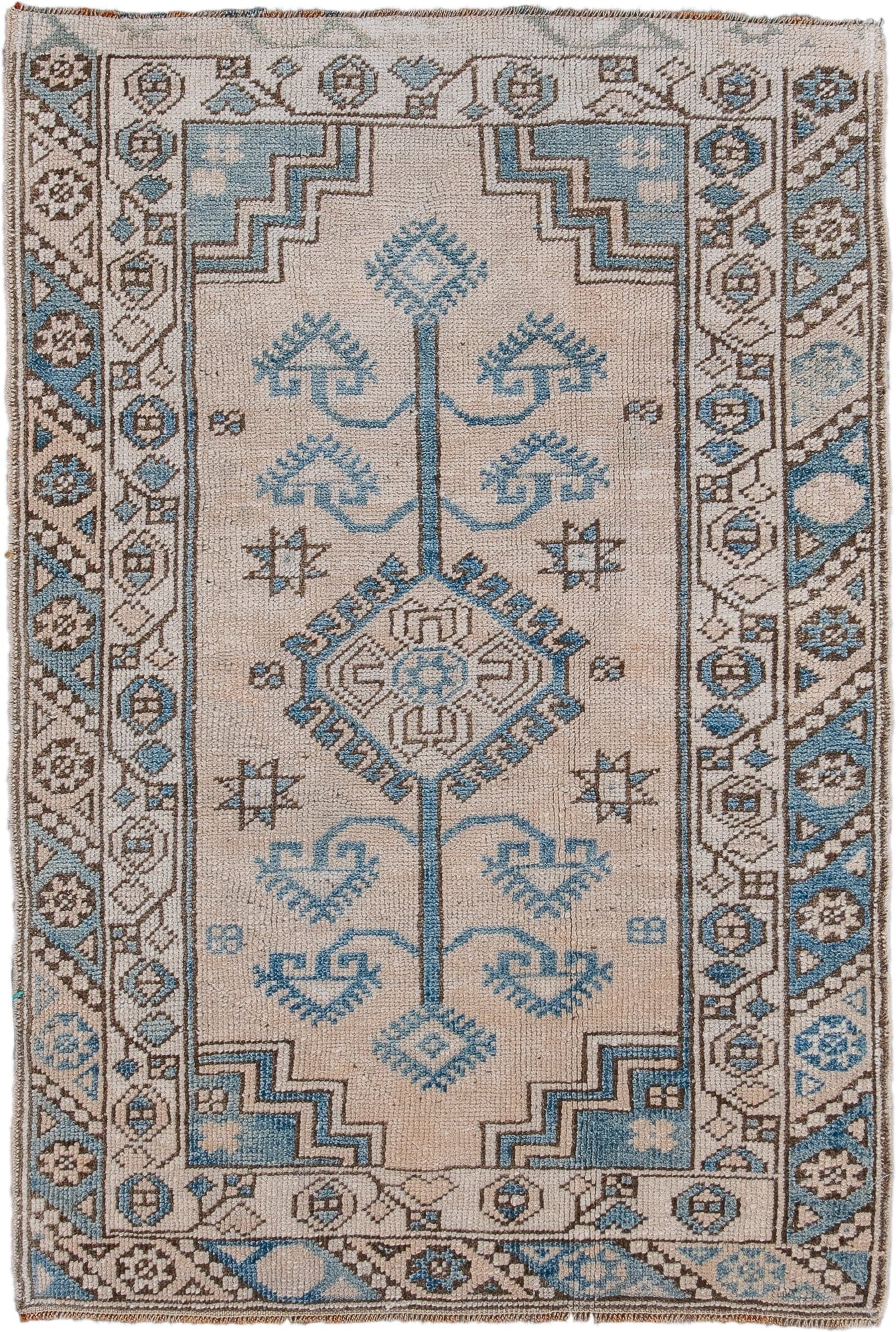 2' x 3' one-of-a-kind handmade vintage Oushak small size rug. Color palette: ivory, sky_blue, taupe, brown, beige