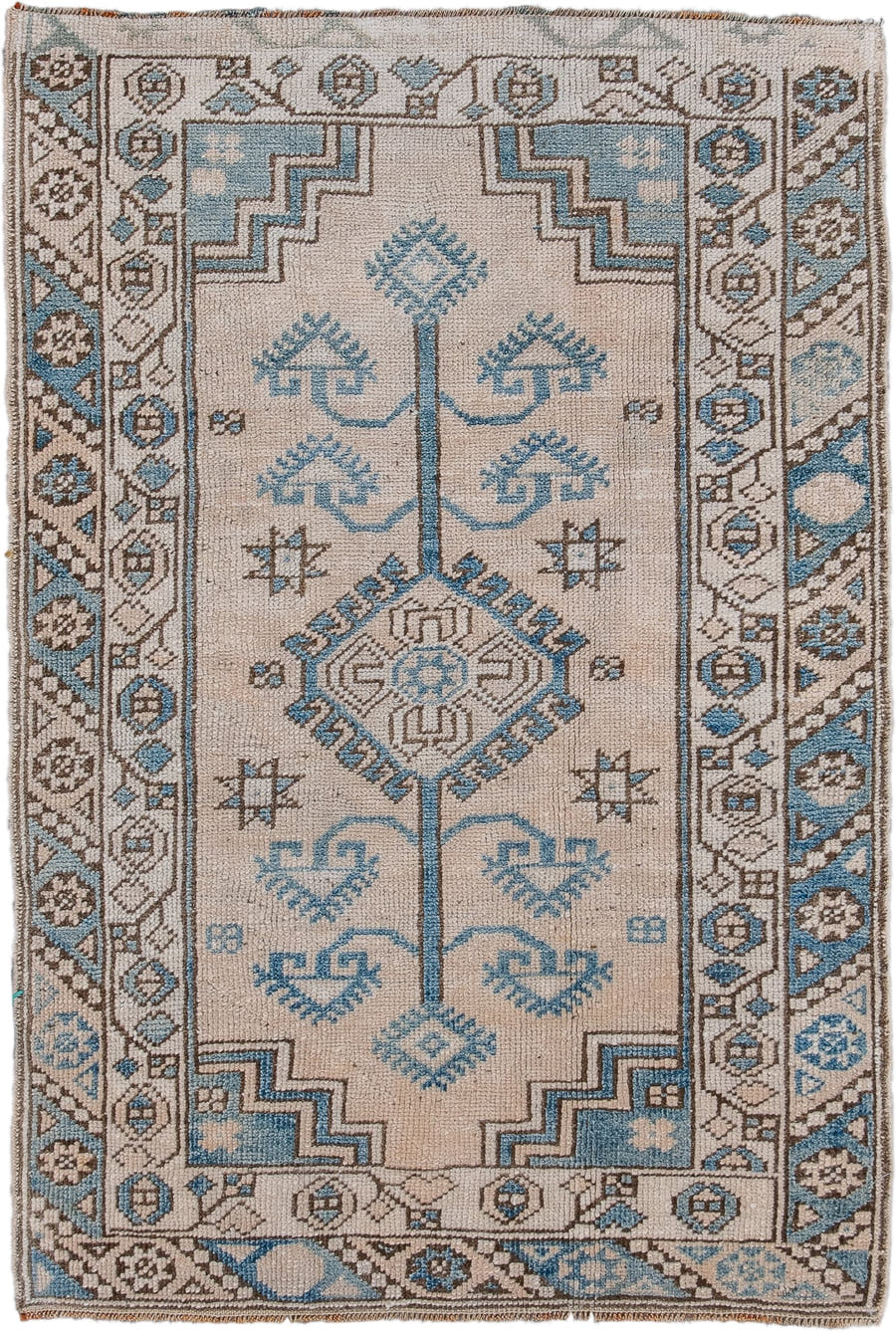 2' x 3' one-of-a-kind handmade vintage Oushak small size rug. Color palette: ivory, sky_blue, taupe, brown, beige