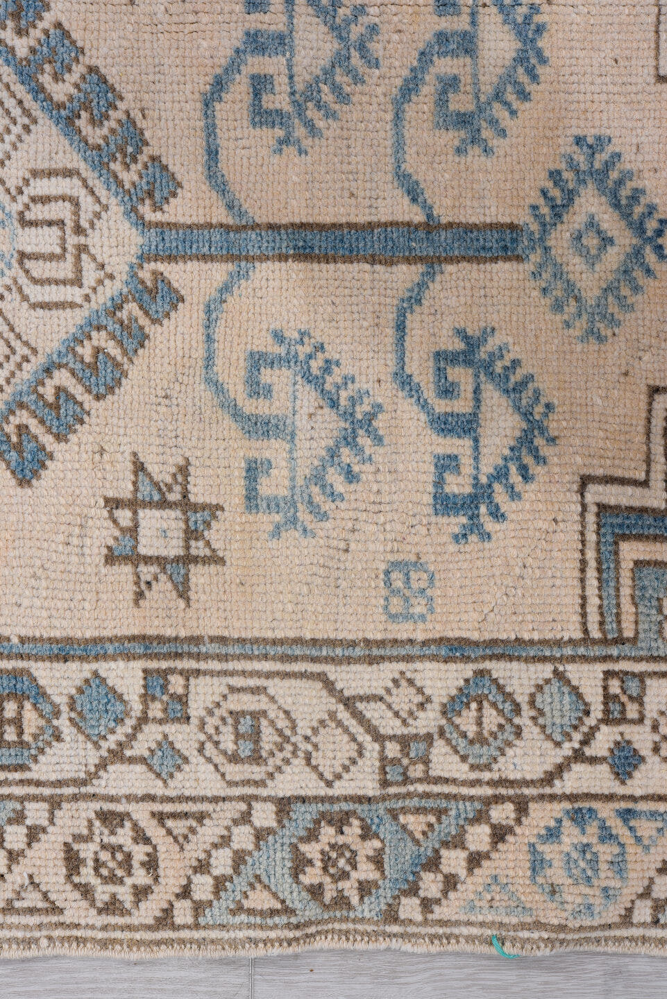 2' x 3' one-of-a-kind handmade vintage Oushak small size rug. Color palette: ivory, sky_blue, taupe, brown, beige