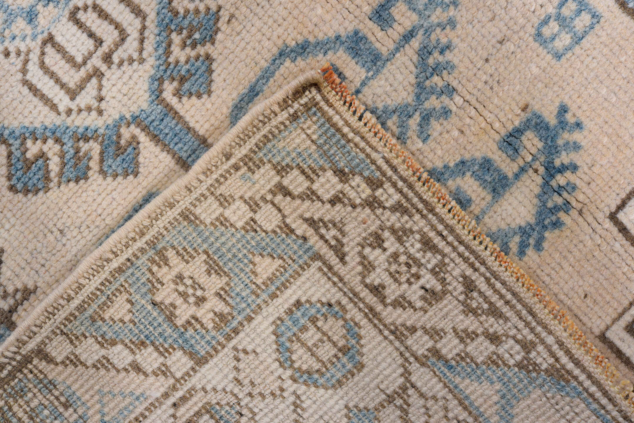 2' x 3' one-of-a-kind handmade vintage Oushak small size rug. Color palette: ivory, sky_blue, taupe, brown, beige