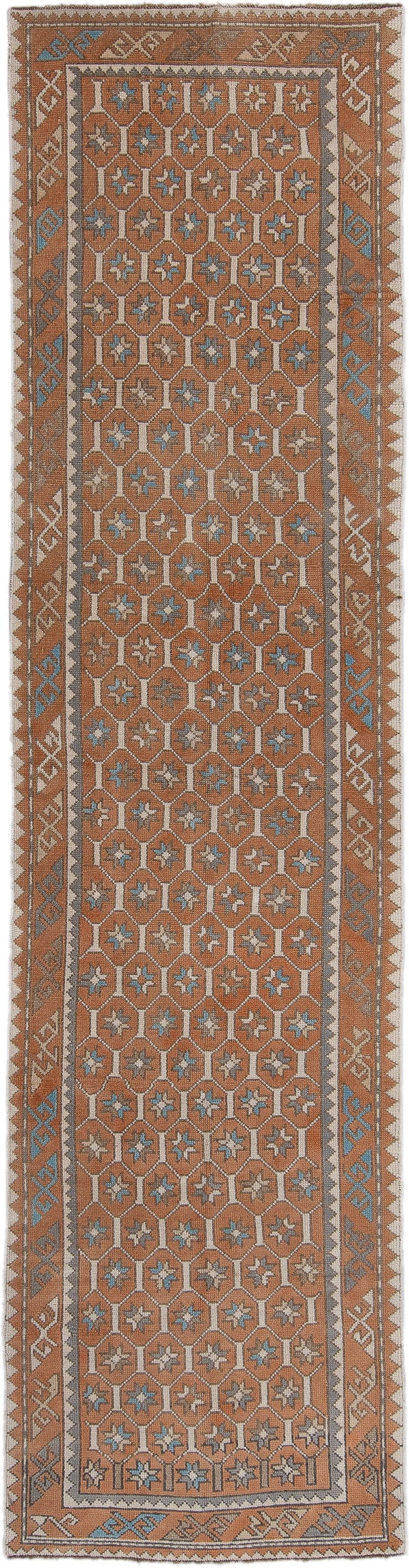 3' x 11' one-of-a-kind handmade antique Oushak runner rug. Color palette: terra cotta, ivory, sky blue, taupe, camel, brown