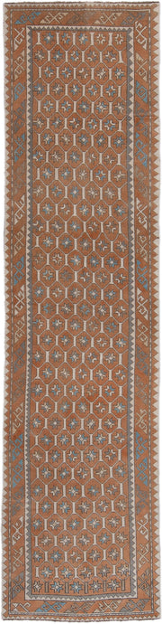 3' x 11' one-of-a-kind handmade antique Oushak runner rug. Color palette: terra cotta, ivory, sky blue, taupe, camel, brown