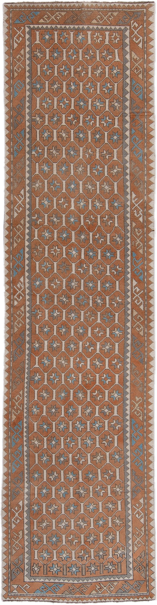 3' x 11' one-of-a-kind handmade antique Oushak runner rug. Color palette: terra cotta, ivory, sky blue, taupe, camel, brown
