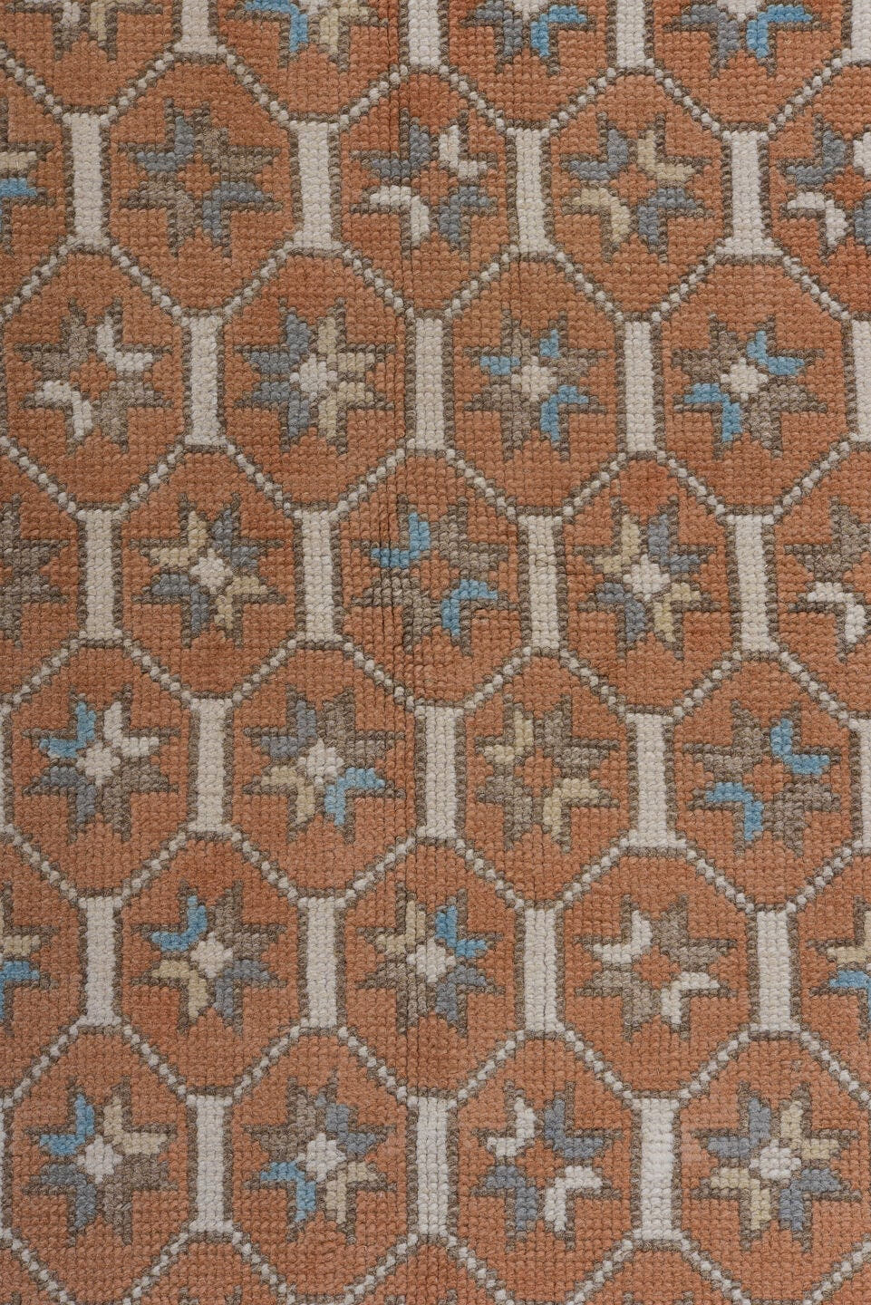 3' x 11' one-of-a-kind handmade antique Oushak runner rug. Color palette: terra cotta, ivory, sky blue, taupe, camel, brown