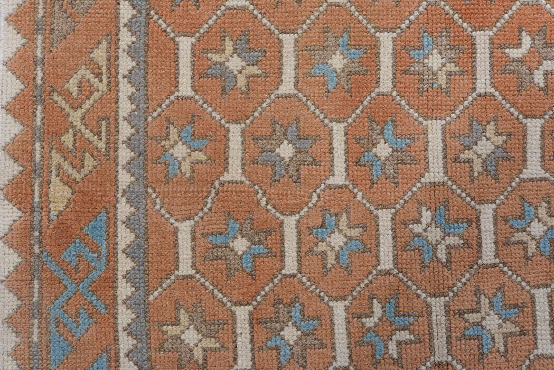 3' x 11' one-of-a-kind handmade antique Oushak runner rug. Color palette: terra cotta, ivory, sky blue, taupe, camel, brown