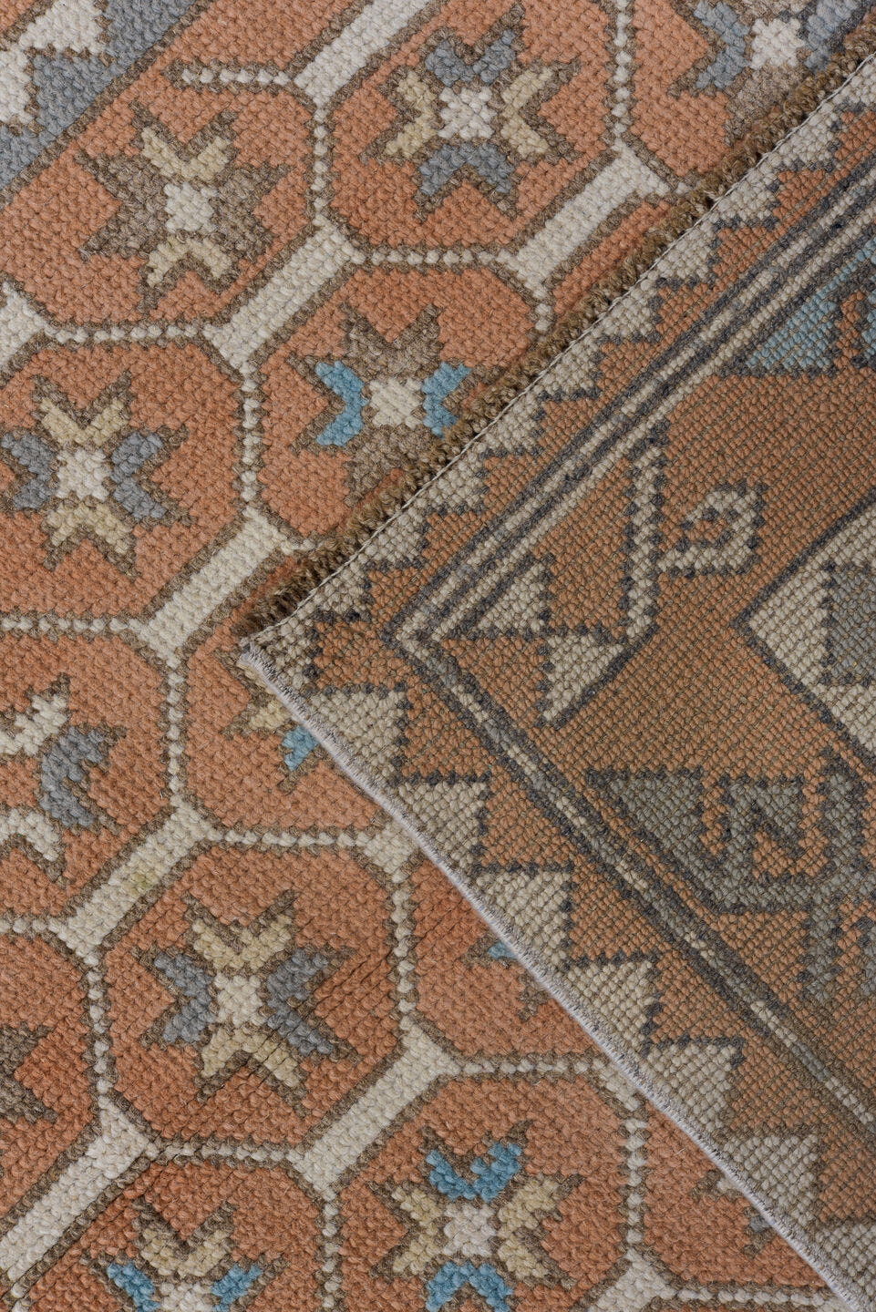 3' x 11' one-of-a-kind handmade antique Oushak runner rug. Color palette: terra cotta, ivory, sky blue, taupe, camel, brown