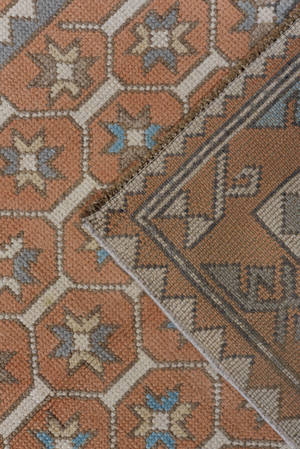 3' x 11' one-of-a-kind handmade antique Oushak runner rug. Color palette: terra cotta, ivory, sky blue, taupe, camel, brown