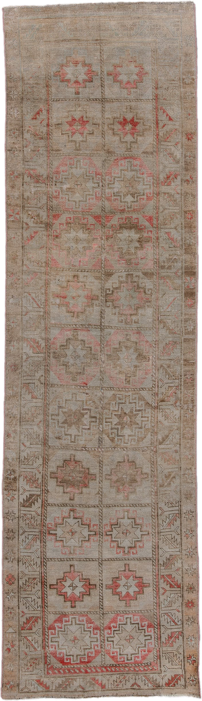 2' x 9' one-of-a-kind handmade antique Oushak runner rug. Color palette: taupe, beige, coral, ivory, camel, rose, brown