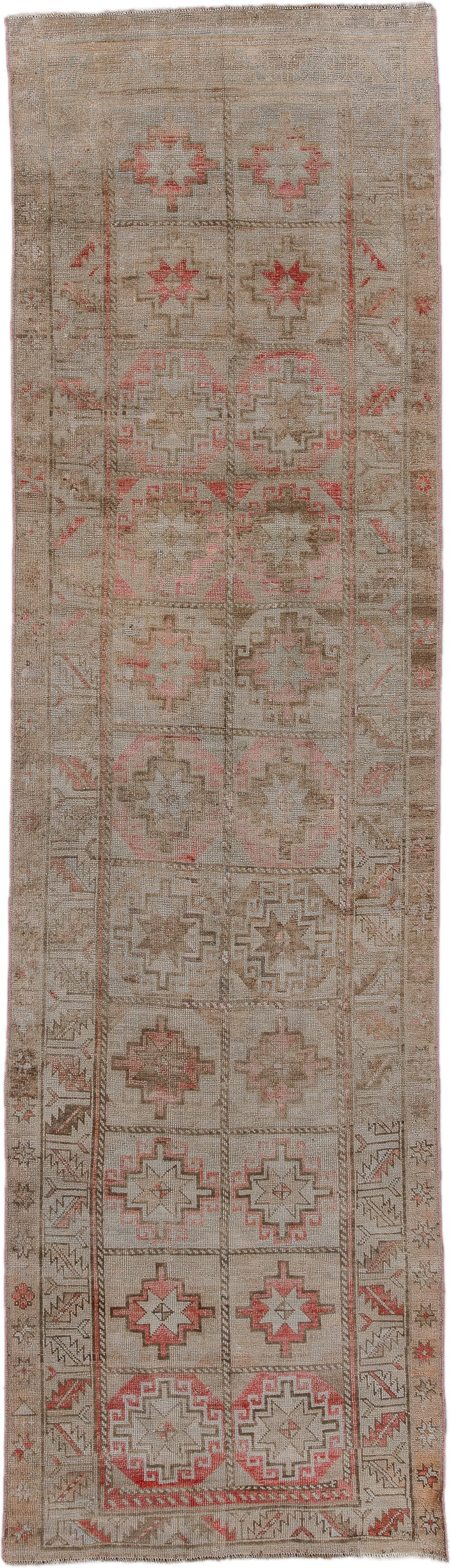 2' x 9' one-of-a-kind handmade antique Oushak runner rug. Color palette: taupe, beige, coral, ivory, camel, rose, brown