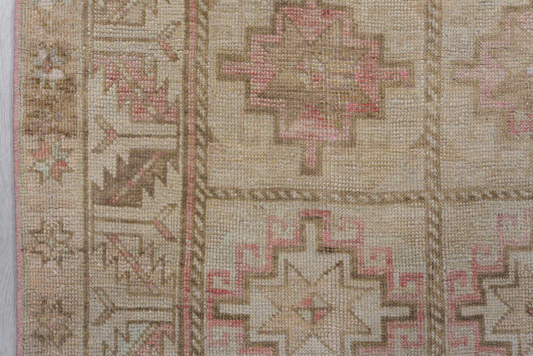 2' x 9' one-of-a-kind handmade antique Oushak runner rug. Color palette: taupe, beige, coral, ivory, camel, rose, brown
