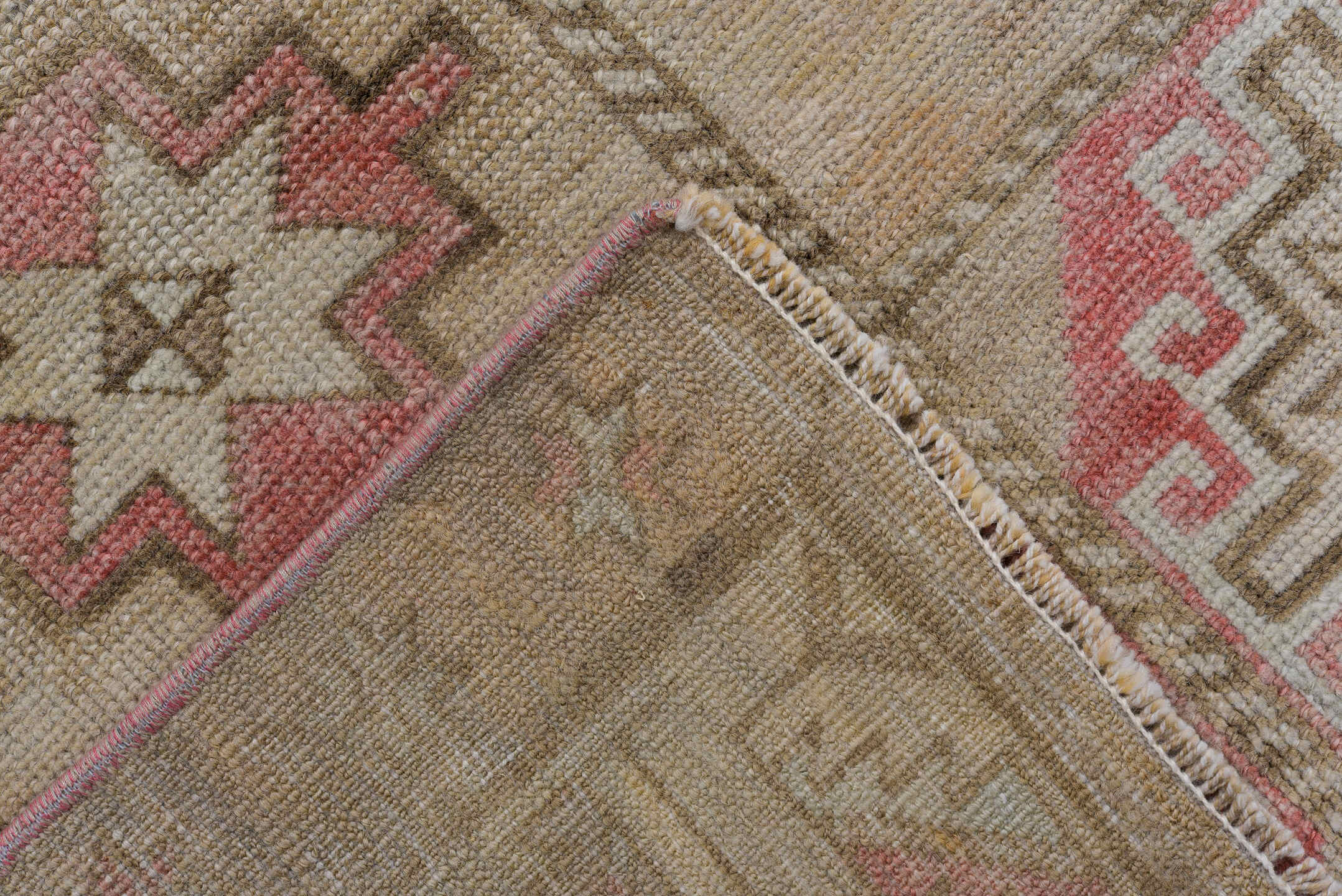 2' x 9' one-of-a-kind handmade antique Oushak runner rug. Color palette: taupe, beige, coral, ivory, camel, rose, brown