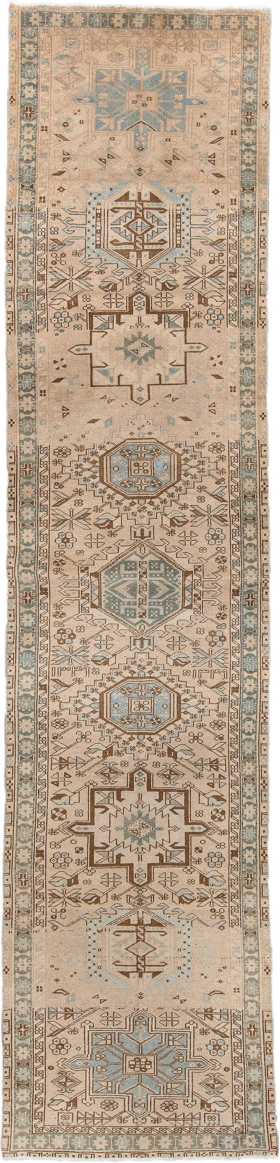 3' x 14' one-of-a-kind handmade antique Heriz runner rug. Color palette: ivory, sky_blue, taupe, camel, brown, sage