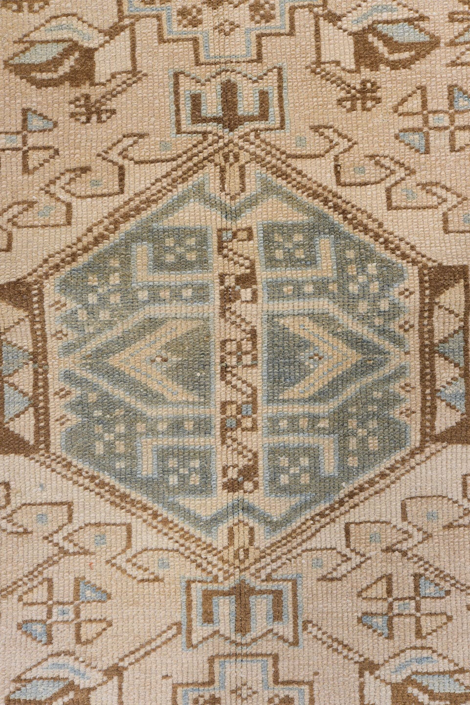 3' x 14' one-of-a-kind handmade antique Heriz runner rug. Color palette: ivory, sky_blue, taupe, camel, brown, sage