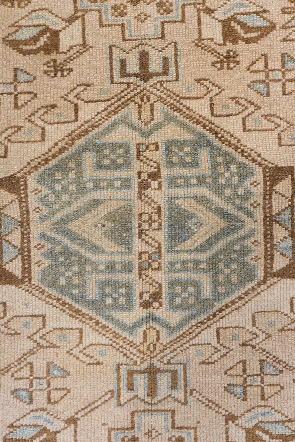 3' x 14' one-of-a-kind handmade antique Heriz runner rug. Color palette: ivory, sky_blue, taupe, camel, brown, sage
