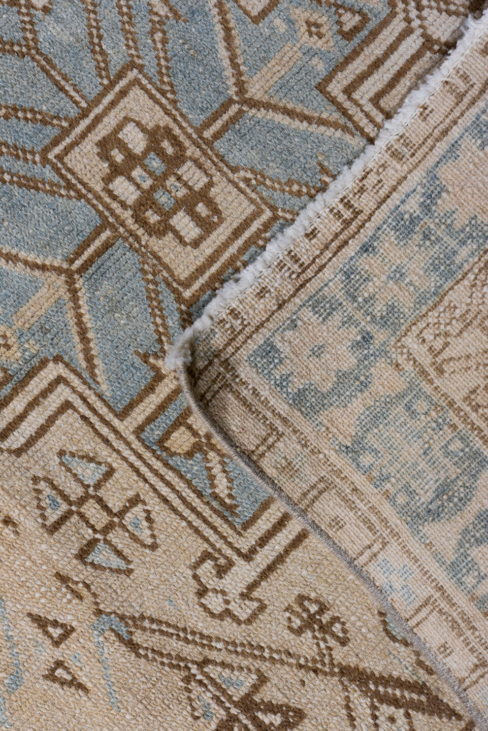 3' x 14' one-of-a-kind handmade antique Heriz runner rug. Color palette: ivory, sky_blue, taupe, camel, brown, sage