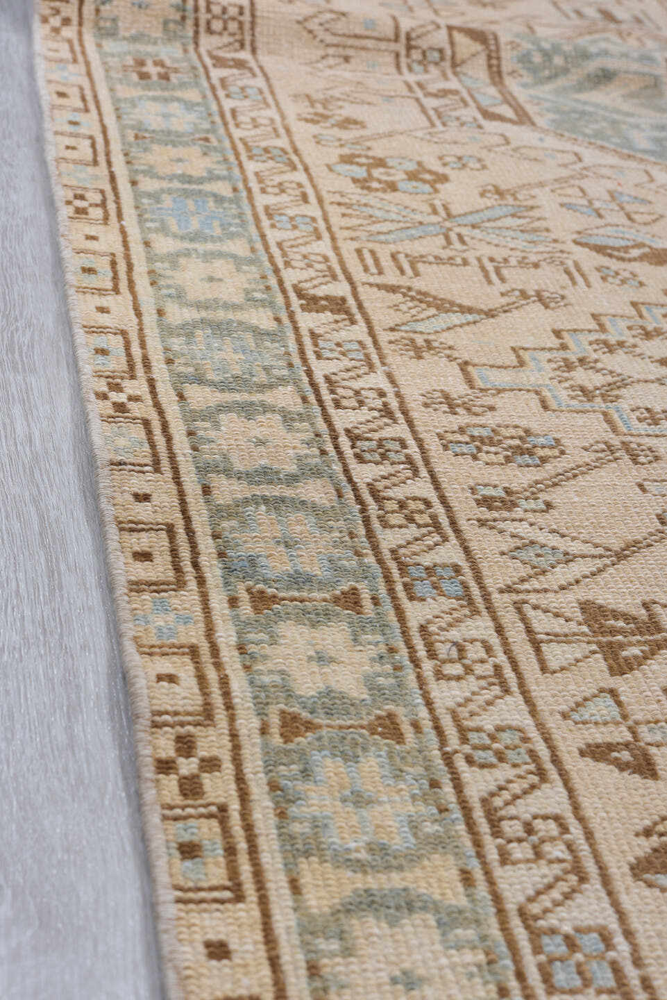 3' x 14' one-of-a-kind handmade antique Heriz runner rug. Color palette: ivory, sky_blue, taupe, camel, brown, sage