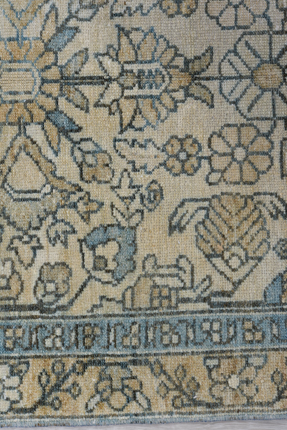 3' x 9' one-of-a-kind handmade vintage Malayer runner rug. Color palette: black, blue, gray, green, light gray, off-white