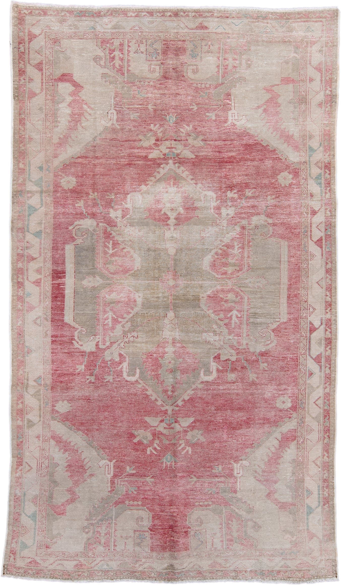 6' x 11' one-of-a-kind handmade antique Oushak large size rug. Color palette: rose, ivory, blush, taupe, sage, pale blue