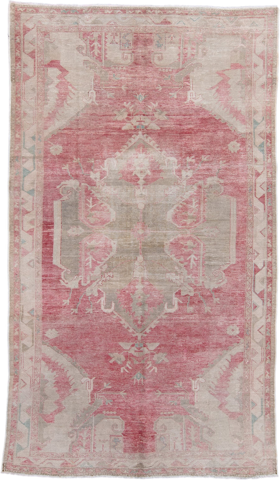 6' x 11' one-of-a-kind handmade antique Oushak large size rug. Color palette: rose, ivory, blush, taupe, sage, pale blue