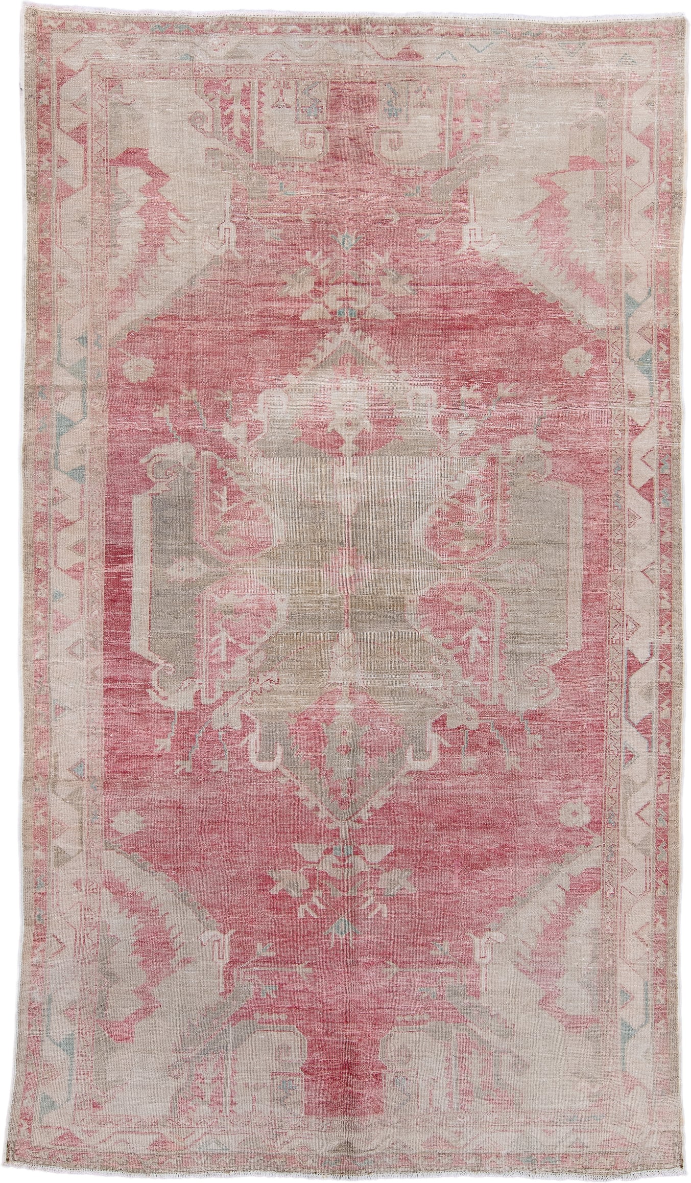 6' x 11' one-of-a-kind handmade antique Oushak large size rug. Color palette: rose, ivory, blush, taupe, sage, pale blue