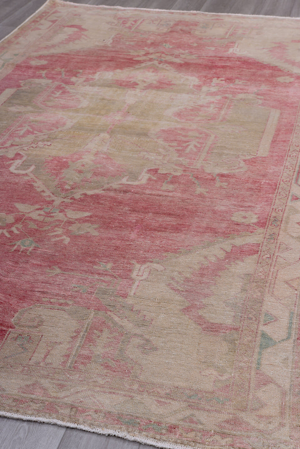 6' x 11' one-of-a-kind handmade antique Oushak large size rug. Color palette: rose, ivory, blush, taupe, sage, pale blue