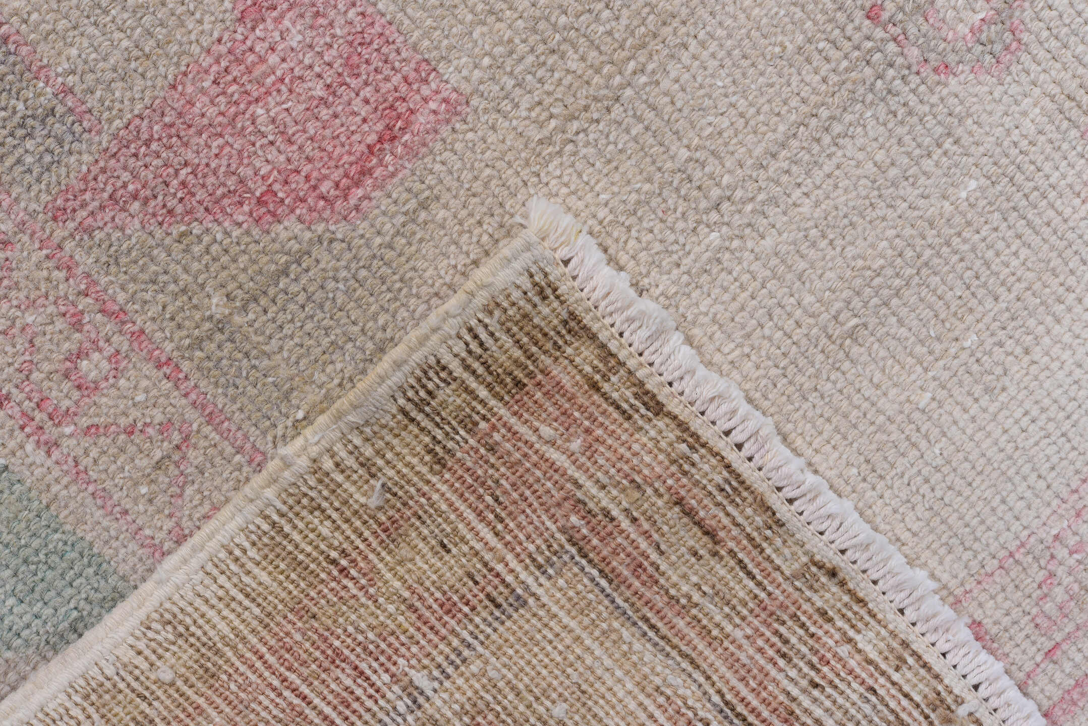 6' x 11' one-of-a-kind handmade antique Oushak large size rug. Color palette: rose, ivory, blush, taupe, sage, pale blue