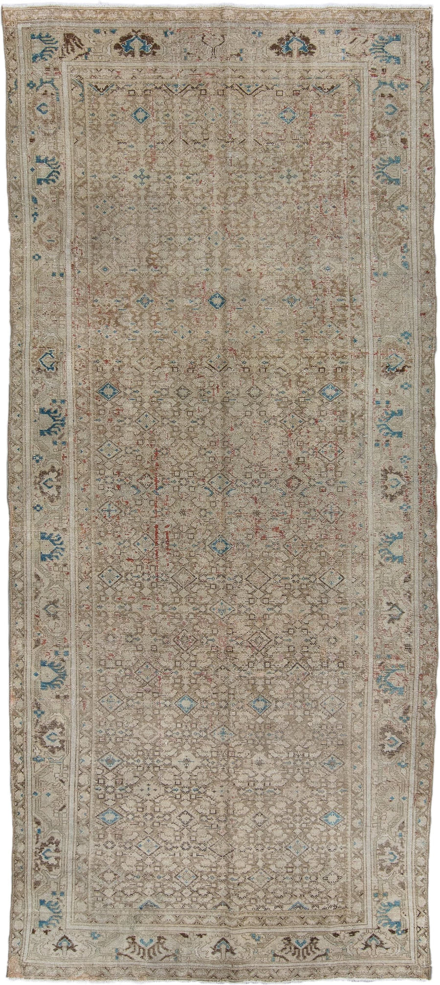 5' x 11' one-of-a-kind handmade antique Malayer runner rug. Color palette: ivory, taupe, camel, sky_blue, brown, rose, beige