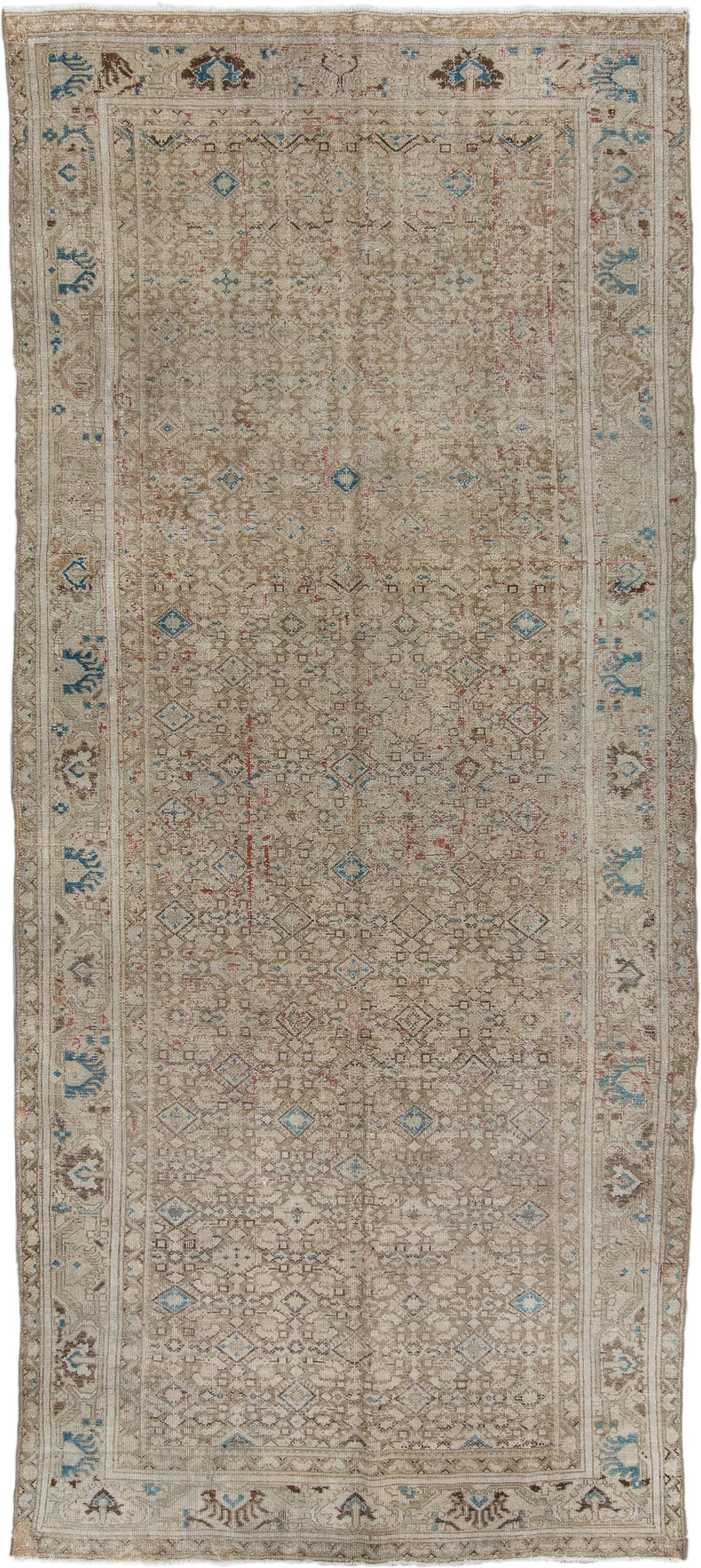 5' x 11' one-of-a-kind handmade antique Malayer runner rug. Color palette: ivory, taupe, camel, sky_blue, brown, rose, beige