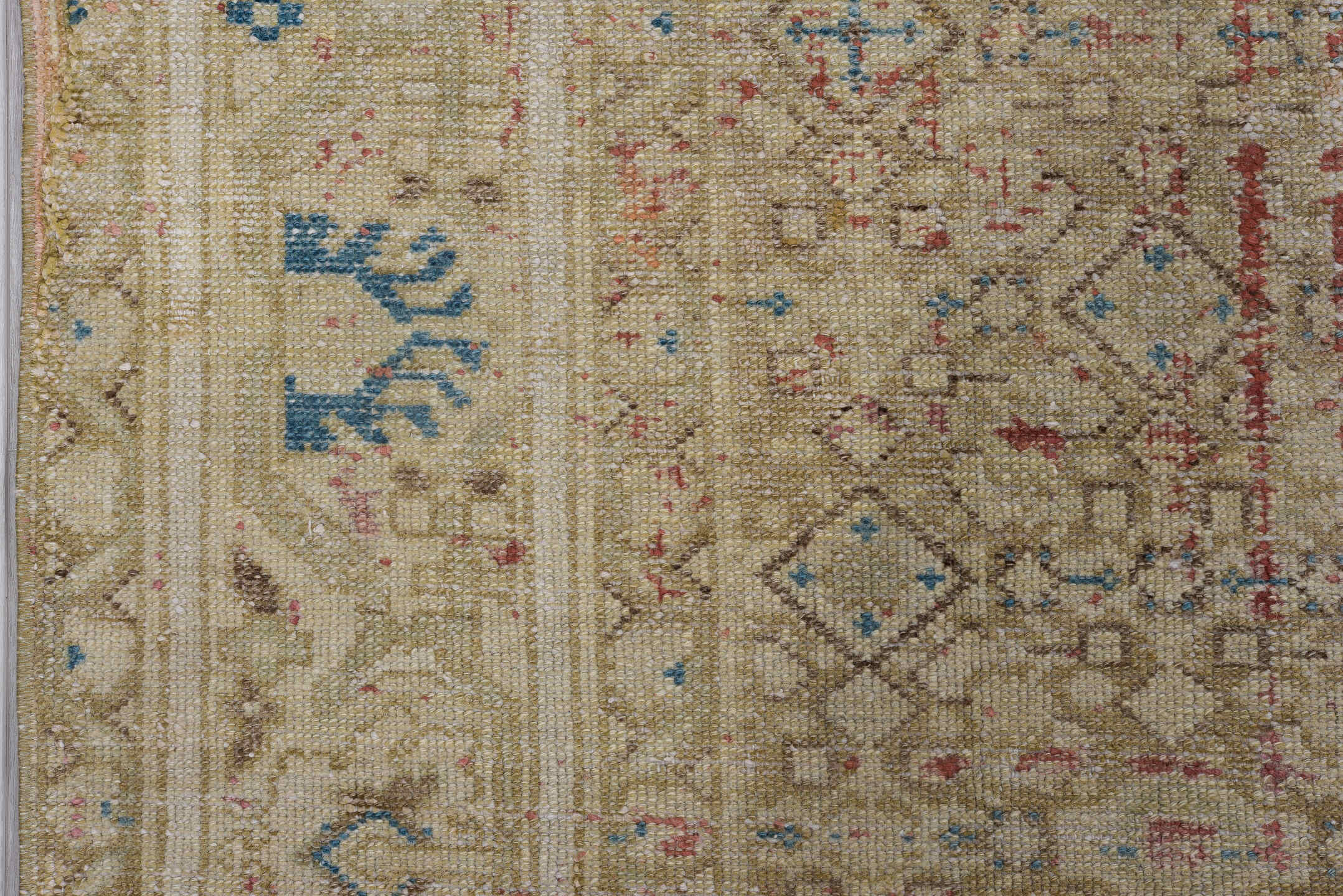 5' x 11' one-of-a-kind handmade vintage Malayer runner rug. Color palette: blue, brown, gray, light gray, off-white