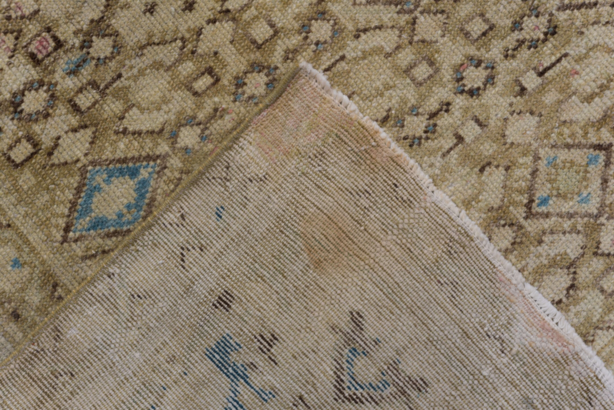 5' x 11' one-of-a-kind handmade vintage Malayer runner rug. Color palette: blue, brown, gray, light gray, off-white