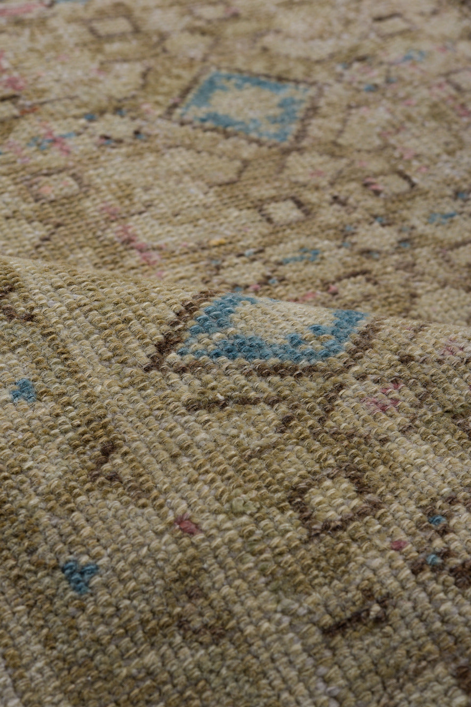 5' x 11' one-of-a-kind handmade vintage Malayer runner rug. Color palette: blue, brown, gray, light gray, off-white