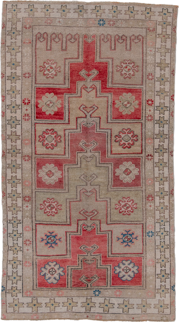 3' x 6' one-of-a-kind handmade antique Oushak small size rug. Color palette: beige, coral, rose, taupe, ivory, blue