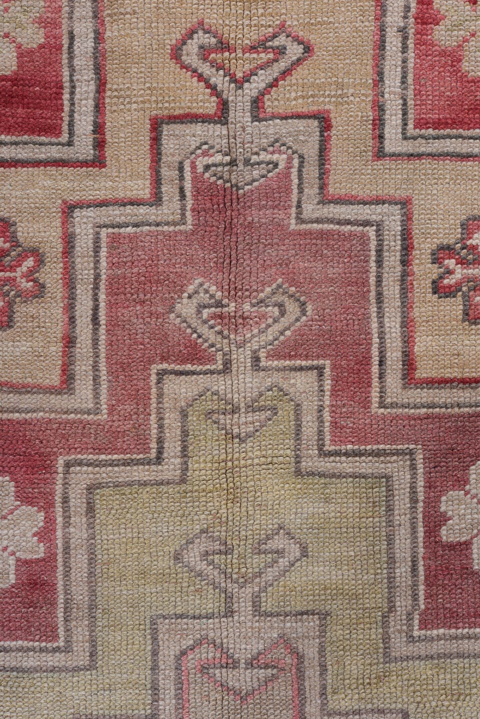 3' x 6' one-of-a-kind handmade antique Oushak small size rug. Color palette: beige, coral, rose, taupe, ivory, blue