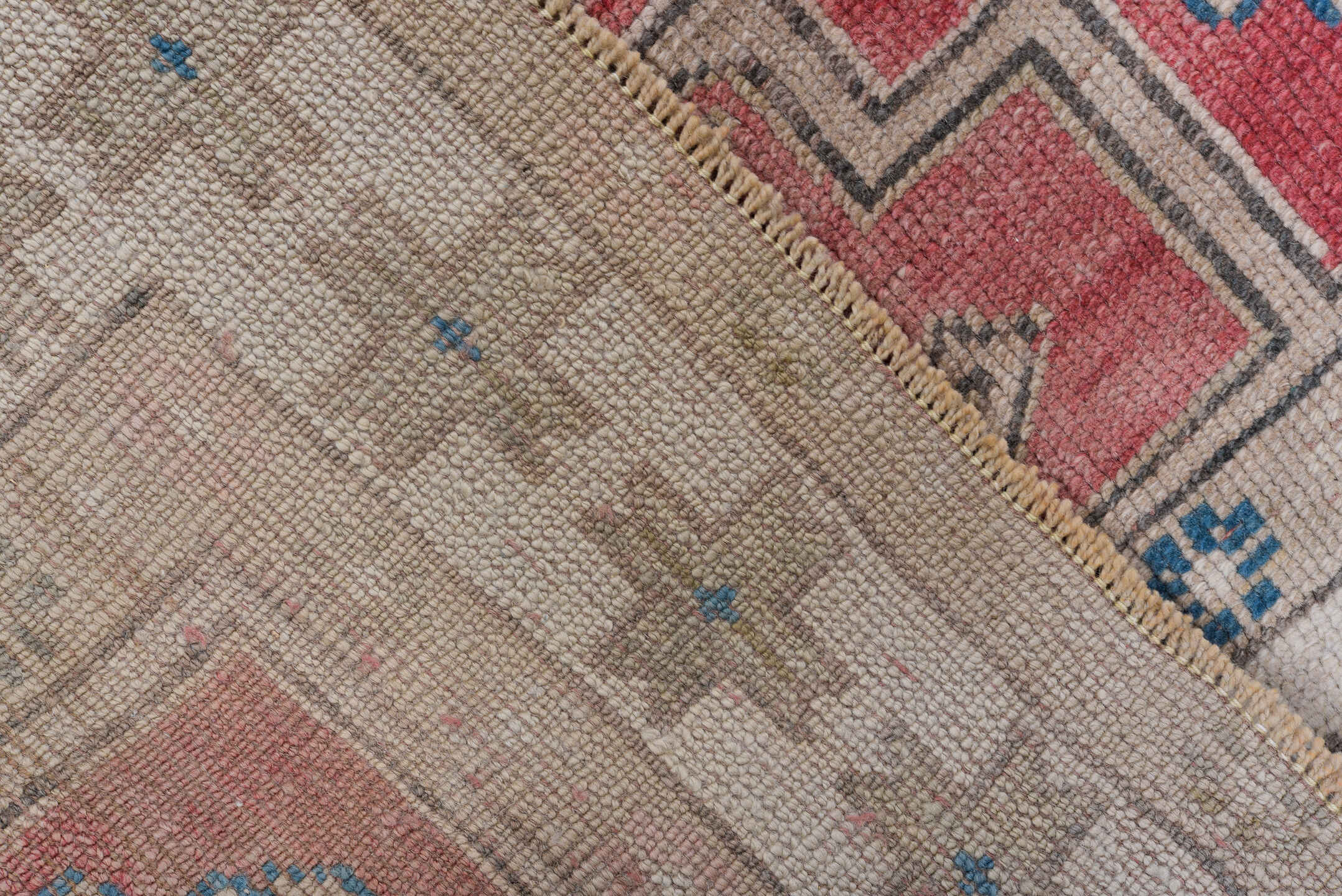 3' x 6' one-of-a-kind handmade antique Oushak small size rug. Color palette: beige, coral, rose, taupe, ivory, blue