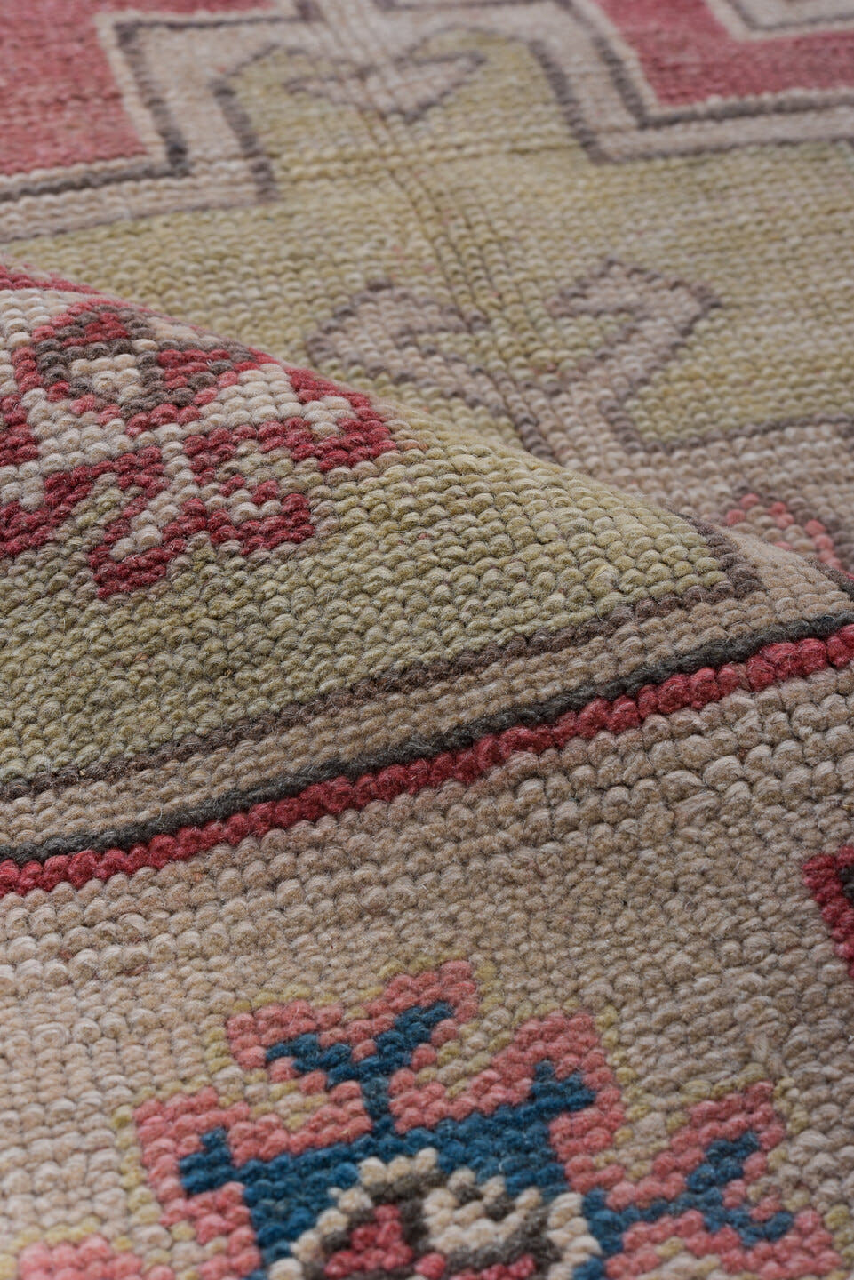 3' x 6' one-of-a-kind handmade antique Oushak small size rug. Color palette: beige, coral, rose, taupe, ivory, blue