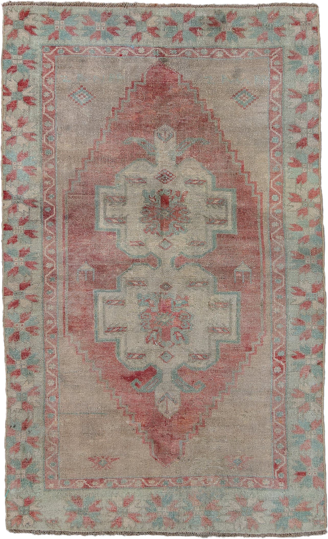 3' x 5' one-of-a-kind handmade antique Oushak small size rug. Color palette: ivory, blush, pale aqua, rose, taupe, coral