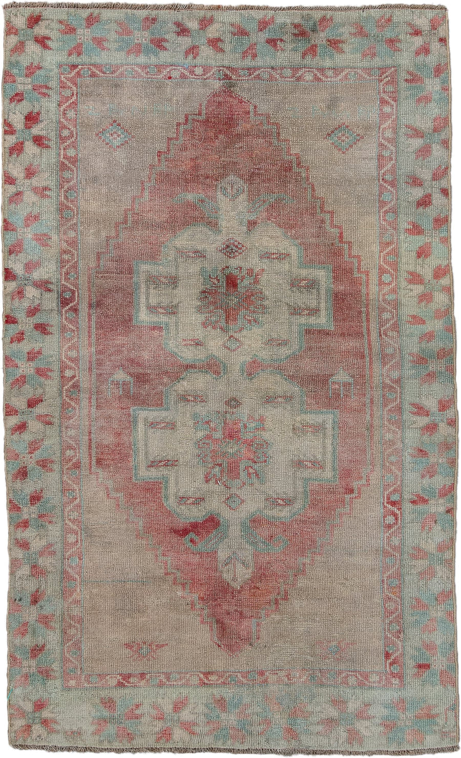 3' x 5' one-of-a-kind handmade antique Oushak small size rug. Color palette: ivory, blush, pale aqua, rose, taupe, coral