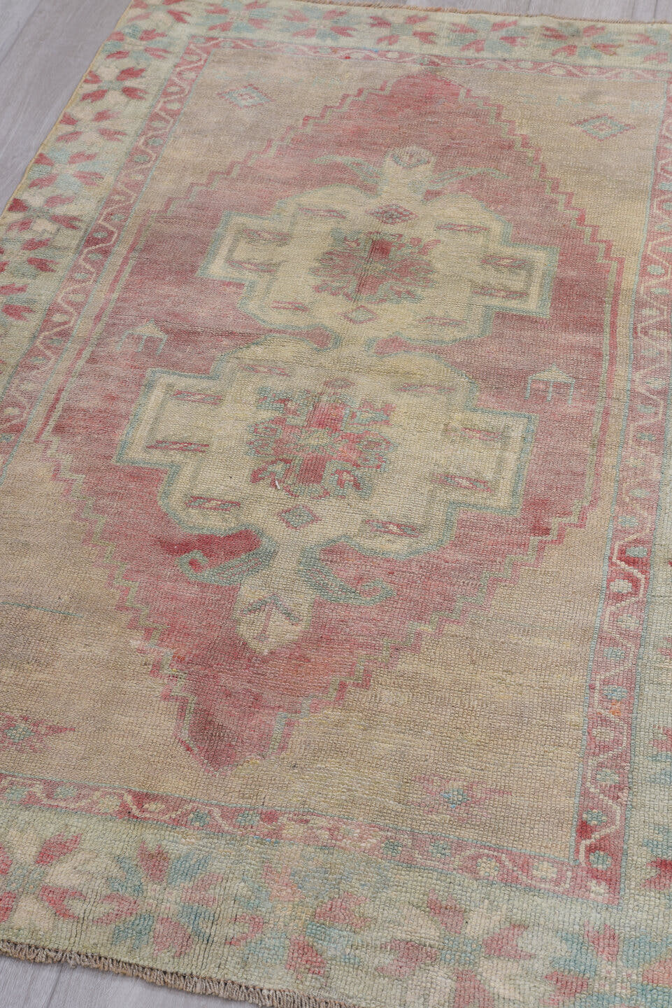 3' x 5' one-of-a-kind handmade antique Oushak small size rug. Color palette: ivory, blush, pale aqua, rose, taupe, coral