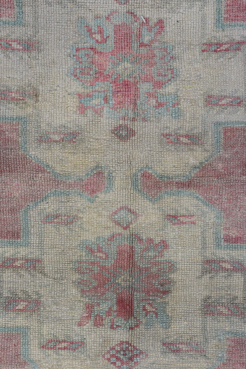 3' x 5' one-of-a-kind handmade antique Oushak small size rug. Color palette: ivory, blush, pale aqua, rose, taupe, coral