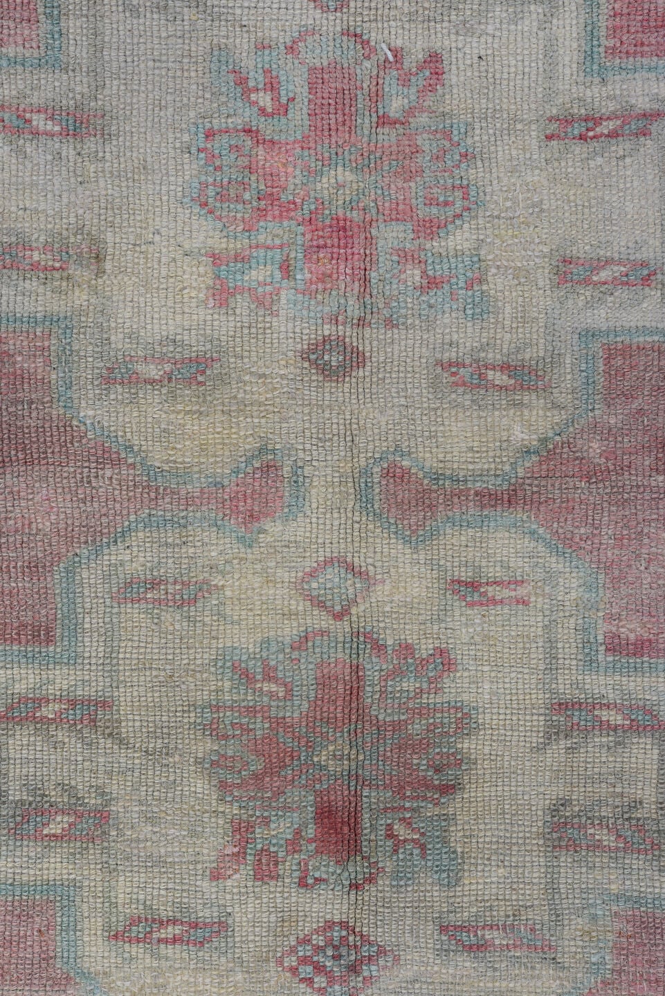 3' x 5' one-of-a-kind handmade antique Oushak small size rug. Color palette: ivory, blush, pale aqua, rose, taupe, coral