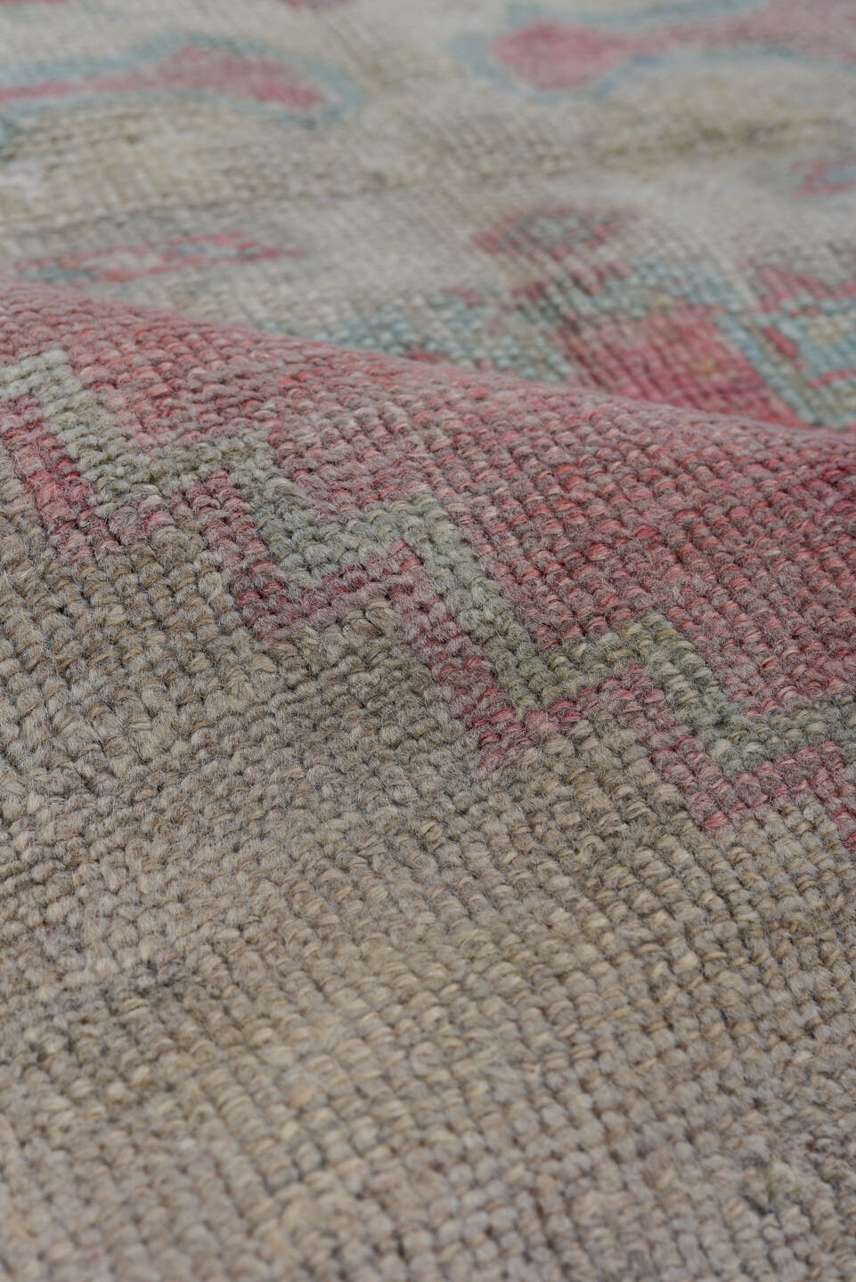 3' x 5' one-of-a-kind handmade antique Oushak small size rug. Color palette: ivory, blush, pale aqua, rose, taupe, coral