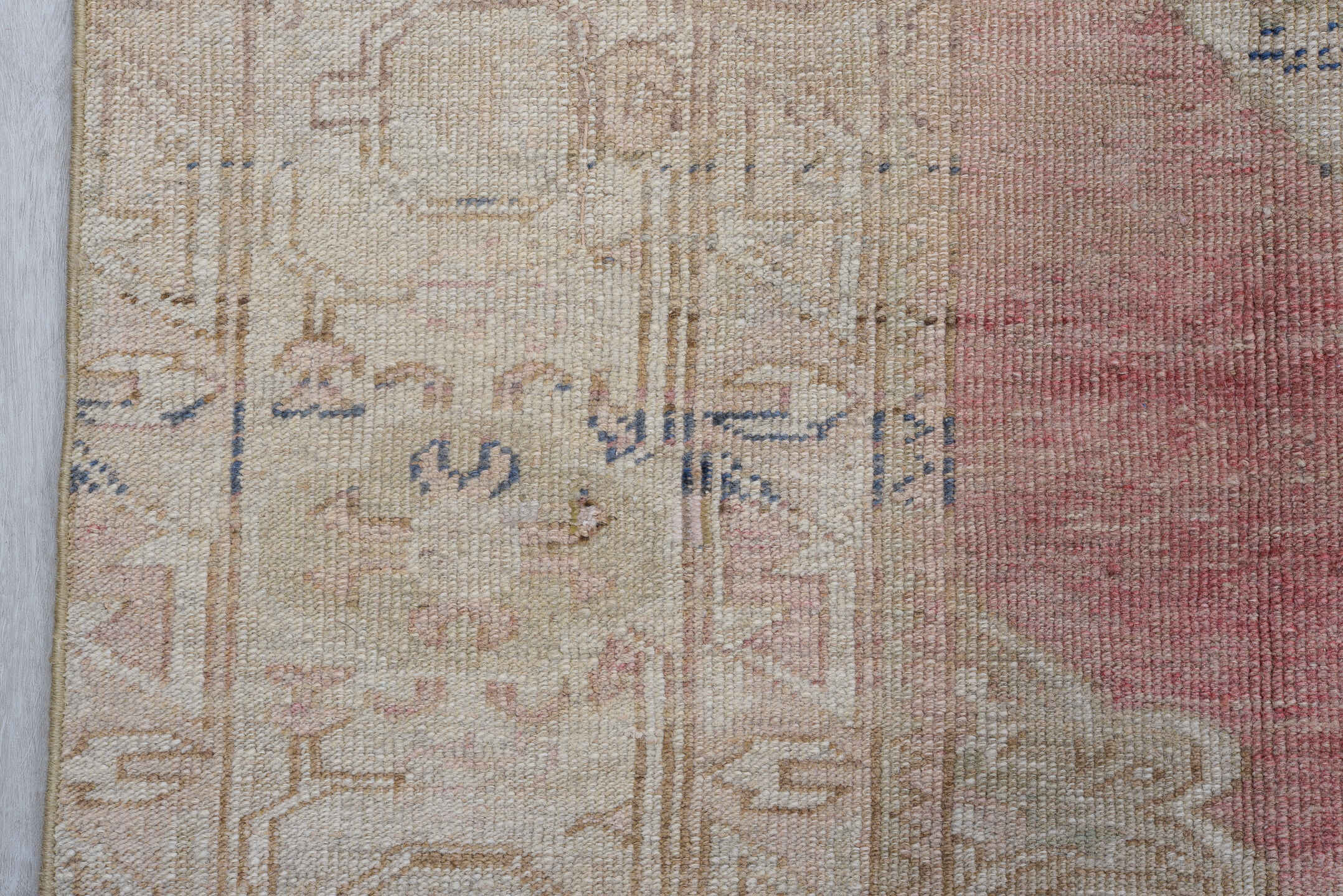 6' x 9' one-of-a-kind handmade vintage Oushak medium size rug. Color palette: brown, gray, light gray, off-white, pink