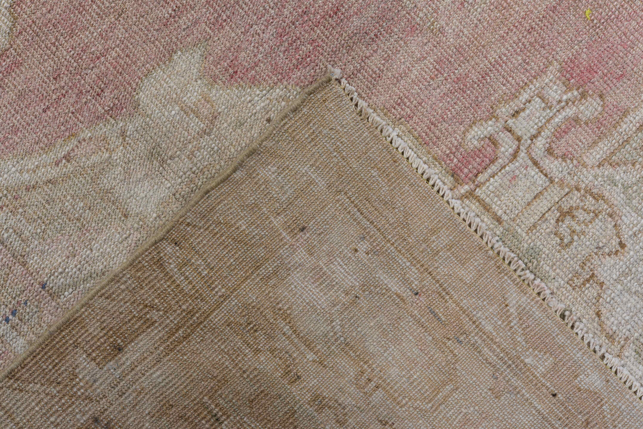 6' x 9' one-of-a-kind handmade vintage Oushak medium size rug. Color palette: brown, gray, light gray, off-white, pink