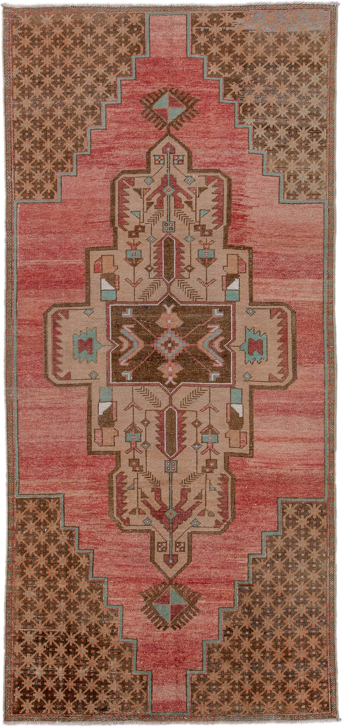 3' x 8' one-of-a-kind handmade vintage Oushak runner rug. Color palette: rose, brown, ivory, taupe, teal, rust, pink, red