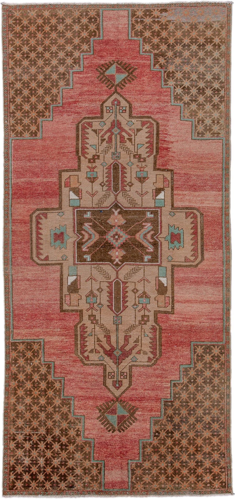 3' x 8' one-of-a-kind handmade vintage Oushak runner rug. Color palette: rose, brown, ivory, taupe, teal, rust, pink, red