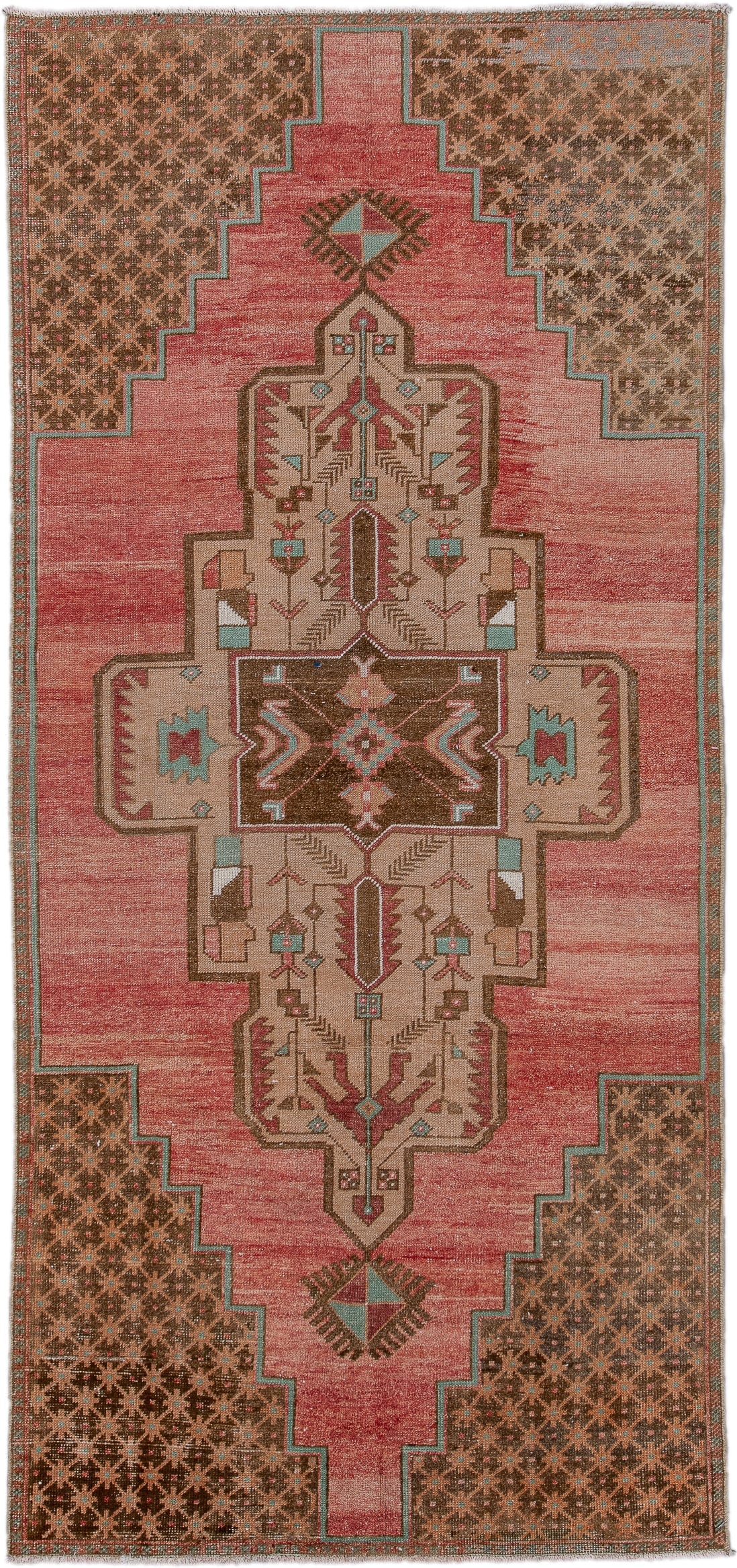3' x 8' one-of-a-kind handmade vintage Oushak runner rug. Color palette: rose, brown, ivory, taupe, teal, rust, pink, red