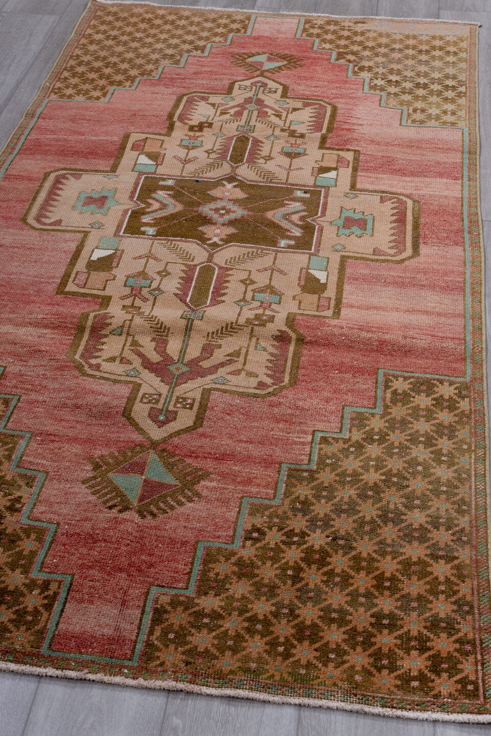 3' x 8' one-of-a-kind handmade vintage Oushak runner rug. Color palette: rose, brown, ivory, taupe, teal, rust, pink, red