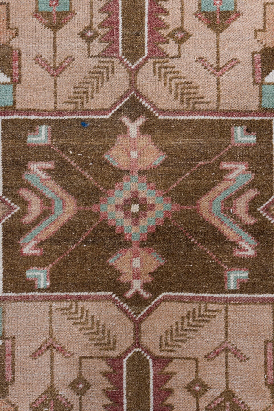 3' x 8' one-of-a-kind handmade vintage Oushak runner rug. Color palette: rose, brown, ivory, taupe, teal, rust, pink, red